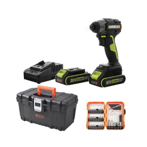 תמונה של מברגת אימפקט 20V ושתי סוללות 2.0AH בארגז עם סט ביטים WORX H/TO294