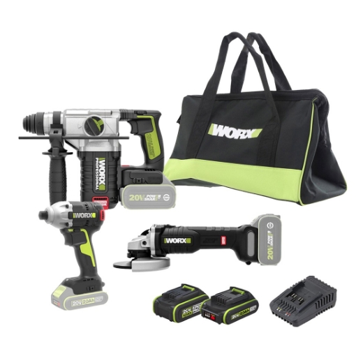 תמונה של סט 3 כלים 20V BL מברגת אימפקט WU290 + פטישון 24 מ"מ WU388+ משחזת זווית "4.5 WU809 נטענת כולל סוללות ומטען